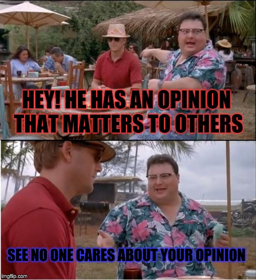 No one's opinion matters to others... LBH... | HEY! HE HAS AN OPINION THAT MATTERS TO OTHERS; SEE NO ONE CARES ABOUT YOUR OPINION | image tagged in memes,see nobody cares | made w/ Imgflip meme maker