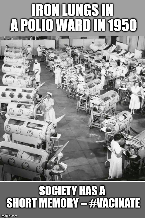 Polio, measles, and mumps were almost wiped out in the U.S. Now we are seeing a comeback of these preventable diseases. | IRON LUNGS IN A POLIO WARD IN 1950; SOCIETY HAS A SHORT MEMORY -- #VACINATE | image tagged in iron lung | made w/ Imgflip meme maker