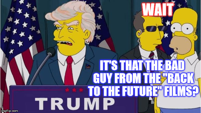 Homer got it! | WAIT; IT'S THAT THE BAD GUY FROM THE "BACK TO THE FUTURE" FILMS? | image tagged in donald trump,biff tannen,homer simpson,back to the future,the simpsons | made w/ Imgflip meme maker