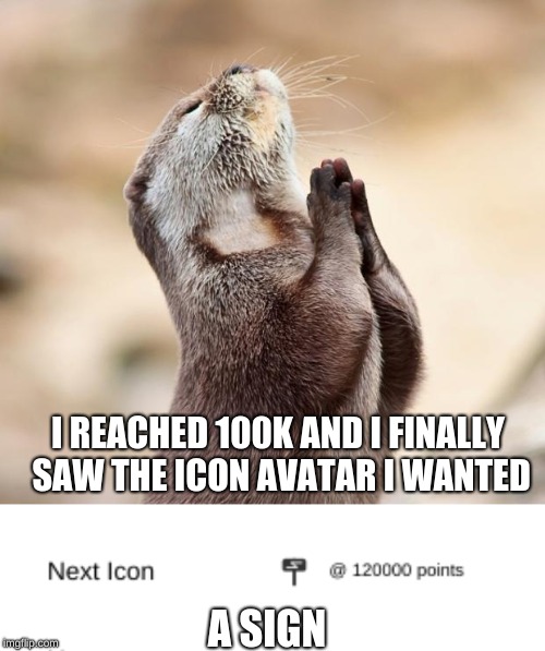 Let's hit 120k as fast like last time |  I REACHED 100K AND I FINALLY SAW THE ICON AVATAR I WANTED; A SIGN | image tagged in animal praying,memes,milestone,imgflip points,thanks for the support | made w/ Imgflip meme maker