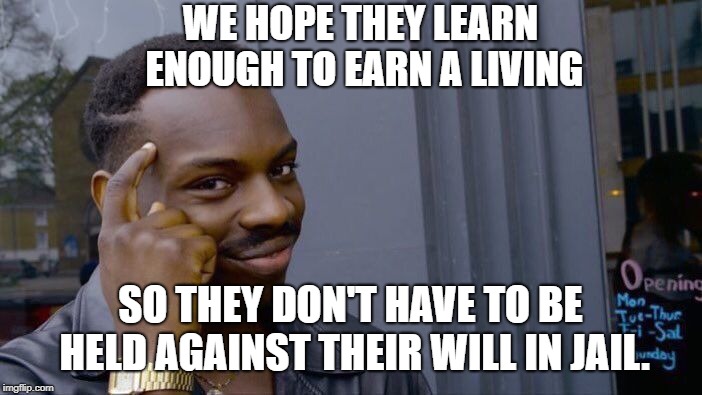 Roll Safe Think About It Meme | WE HOPE THEY LEARN ENOUGH TO EARN A LIVING SO THEY DON'T HAVE TO BE HELD AGAINST THEIR WILL IN JAIL. | image tagged in memes,roll safe think about it | made w/ Imgflip meme maker