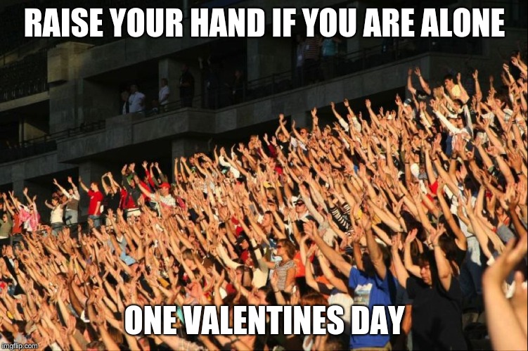 Raise your hands crowd | RAISE YOUR HAND IF YOU ARE ALONE; ONE VALENTINES DAY | image tagged in raise your hands crowd | made w/ Imgflip meme maker