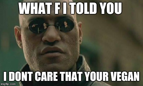 Matrix Morpheus | WHAT F I TOLD YOU; I DONT CARE THAT YOUR VEGAN | image tagged in memes,matrix morpheus | made w/ Imgflip meme maker