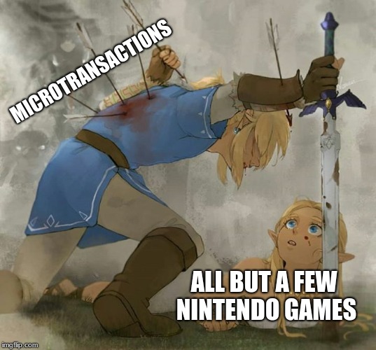 Link and zelda | MICROTRANSACTIONS; ALL BUT A FEW NINTENDO GAMES | image tagged in link and zelda | made w/ Imgflip meme maker