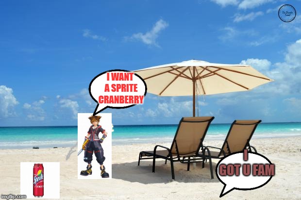 Beach | I WANT A SPRITE CRANBERRY; I GOT U FAM | image tagged in beach | made w/ Imgflip meme maker