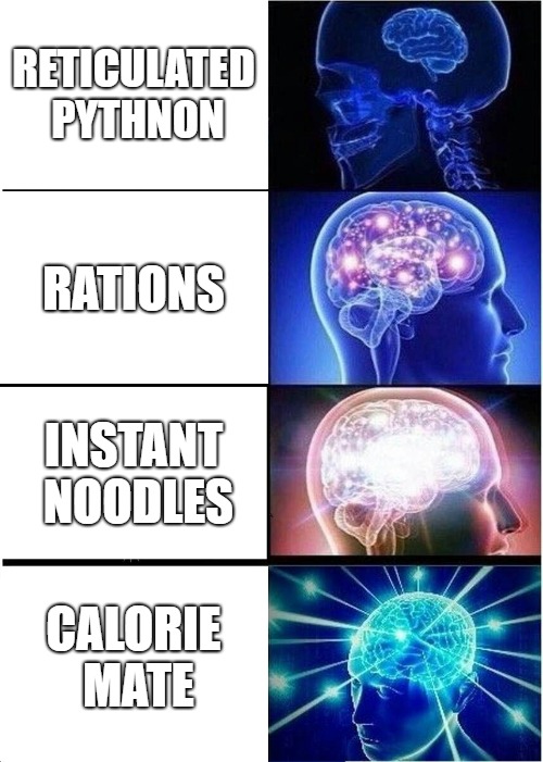 The levels of Deliciousness in MGS3 | RETICULATED PYTHNON; RATIONS; INSTANT NOODLES; CALORIE MATE | image tagged in memes,expanding brain,food,mgs3 | made w/ Imgflip meme maker