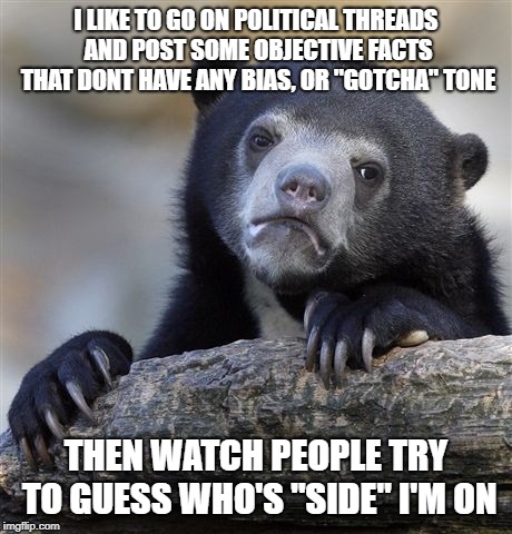Confession Bear Meme | I LIKE TO GO ON POLITICAL THREADS AND POST SOME OBJECTIVE FACTS THAT DONT HAVE ANY BIAS, OR "GOTCHA" TONE; THEN WATCH PEOPLE TRY TO GUESS WHO'S "SIDE" I'M ON | image tagged in memes,confession bear,AdviceAnimals | made w/ Imgflip meme maker