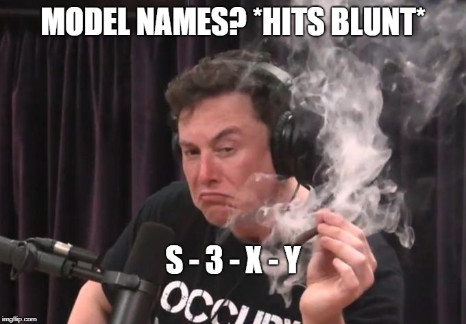 Elon Musk Smoking Weed | MODEL NAMES? *HITS BLUNT*; S - 3 - X - Y | image tagged in elon musk smoking weed | made w/ Imgflip meme maker