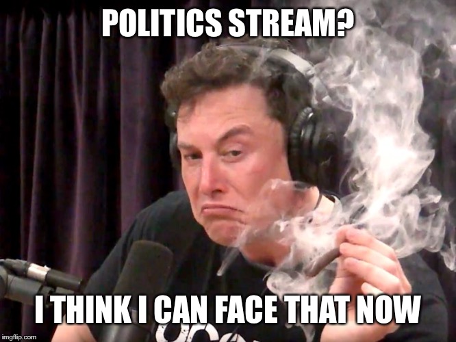Elon Musk Weed | POLITICS STREAM? I THINK I CAN FACE THAT NOW | image tagged in elon musk weed | made w/ Imgflip meme maker