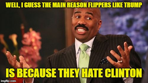 Steve Harvey Meme | WELL, I GUESS THE MAIN REASON FLIPPERS LIKE TRUMP IS BECAUSE THEY HATE CLINTON | image tagged in memes,steve harvey | made w/ Imgflip meme maker