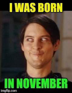 Naughty Tobey | I WAS BORN IN NOVEMBER | image tagged in naughty tobey | made w/ Imgflip meme maker