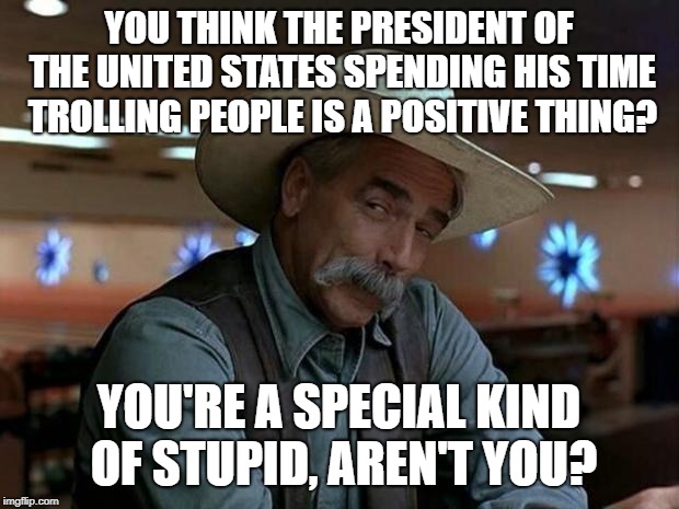 It's just embarrassing | YOU THINK THE PRESIDENT OF THE UNITED STATES SPENDING HIS TIME TROLLING PEOPLE IS A POSITIVE THING? YOU'RE A SPECIAL KIND OF STUPID, AREN'T YOU? | image tagged in special kind of stupid,trump,fail,embarrassing,potus | made w/ Imgflip meme maker