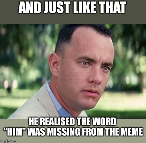 And Just Like That Meme | AND JUST LIKE THAT HE REALISED THE WORD “HIM” WAS MISSING FROM THE MEME | image tagged in and just like that | made w/ Imgflip meme maker