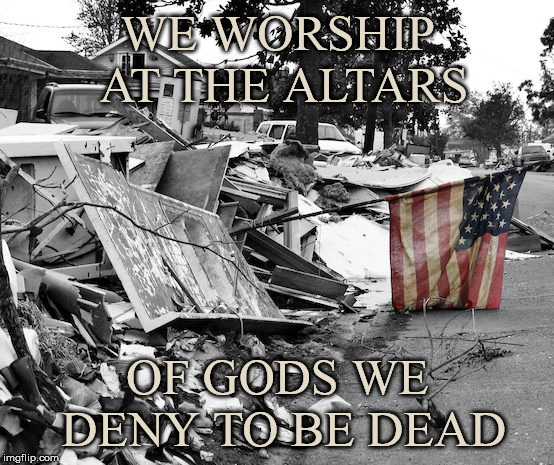 Burn away the flags. Begin again. | WE WORSHIP AT THE ALTARS; OF GODS WE DENY TO BE DEAD | image tagged in america,democracy,god is dead,denial,stupid liberals,stupid conservatives | made w/ Imgflip meme maker