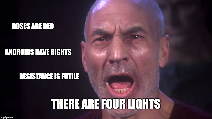 ROSES ARE RED; ANDROIDS HAVE RIGHTS; RESISTANCE IS FUTILE; THERE ARE FOUR LIGHTS | image tagged in picard,there are four lights,roses are red,valentines | made w/ Imgflip meme maker