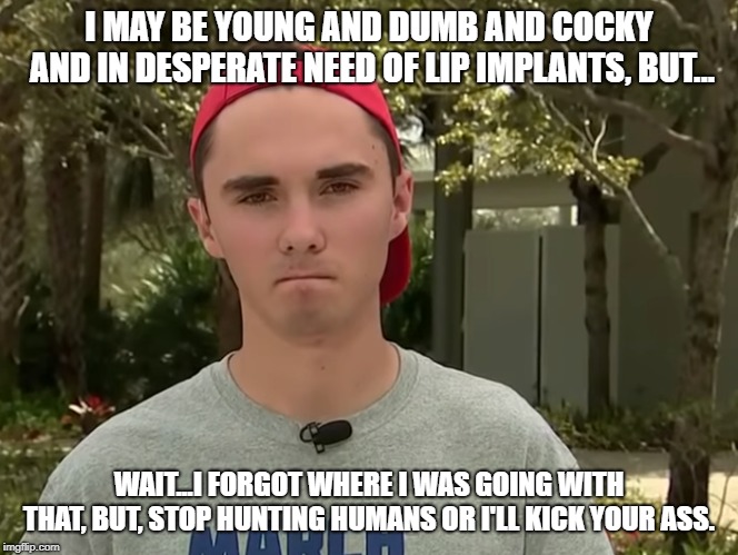 I MAY BE YOUNG AND DUMB AND COCKY AND IN DESPERATE NEED OF LIP IMPLANTS, BUT... WAIT...I FORGOT WHERE I WAS GOING WITH THAT, BUT, STOP HUNTI | made w/ Imgflip meme maker