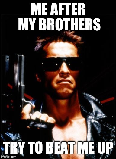 terminator arnold schwarzenegger | ME AFTER MY BROTHERS; TRY TO BEAT ME UP | image tagged in terminator arnold schwarzenegger | made w/ Imgflip meme maker