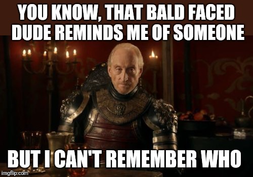 Tywin | YOU KNOW, THAT BALD FACED DUDE REMINDS ME OF SOMEONE BUT I CAN'T REMEMBER WHO | image tagged in tywin | made w/ Imgflip meme maker