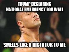 The Rock Smelling | TRUMP DECLARING NATIONAL EMERGENCY FOR WALL; SMELLS LIKE A DICTATOR TO ME | image tagged in the rock smelling | made w/ Imgflip meme maker