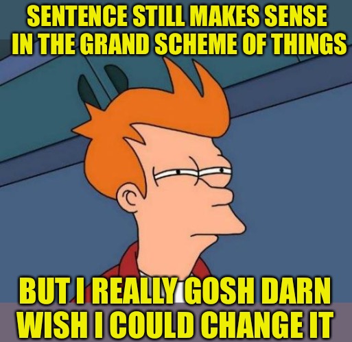 Futurama Fry Meme | SENTENCE STILL MAKES SENSE IN THE GRAND SCHEME OF THINGS BUT I REALLY GOSH DARN WISH I COULD CHANGE IT | image tagged in memes,futurama fry | made w/ Imgflip meme maker