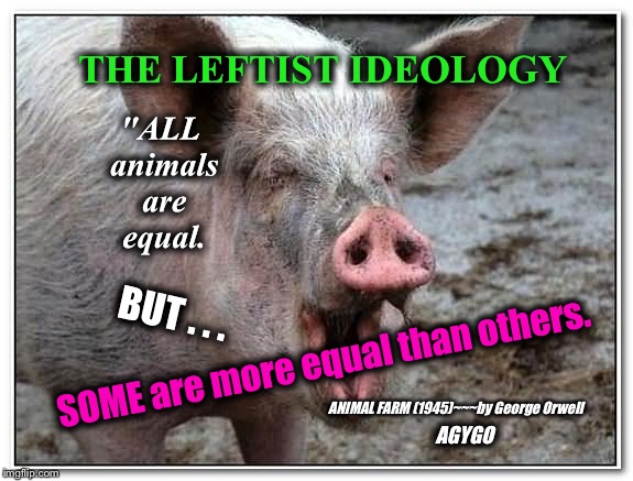THE LEFTIST IDEOLOGY | "ALL animals are equal. THE LEFTIST IDEOLOGY; BUT . . . SOME are more equal than others. ANIMAL FARM (1945)~~~by George Orwell; AGYGO | image tagged in memes,animal farm,pigs,equality,socialism,far left | made w/ Imgflip meme maker