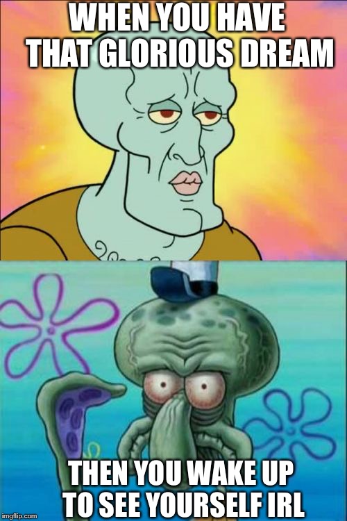 Squidward Meme | WHEN YOU HAVE THAT GLORIOUS DREAM; THEN YOU WAKE UP TO SEE YOURSELF IRL | image tagged in memes,squidward | made w/ Imgflip meme maker