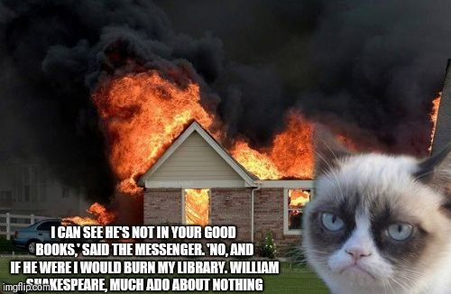 Burn Kitty Meme | I CAN SEE HE'S NOT IN YOUR GOOD BOOKS,' SAID THE MESSENGER.
'NO, AND IF HE WERE I WOULD BURN MY LIBRARY.
WILLIAM SHAKESPEARE, MUCH ADO ABOUT NOTHING | image tagged in memes,burn kitty,grumpy cat,relationships,feelings,cats | made w/ Imgflip meme maker