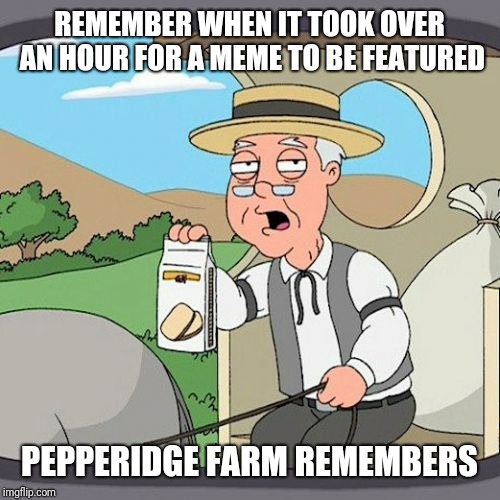 Pepperidge Farm Remembers | REMEMBER WHEN IT TOOK OVER AN HOUR FOR A MEME TO BE FEATURED; PEPPERIDGE FARM REMEMBERS | image tagged in memes,pepperidge farm remembers | made w/ Imgflip meme maker