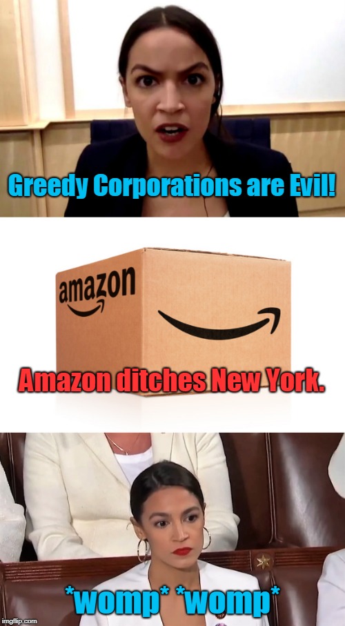 AOC Singlehandedly Making America Capitalist Again | Greedy Corporations are Evil! Amazon ditches New York. *womp* *womp* | image tagged in funny,amazon,new york,aoc | made w/ Imgflip meme maker