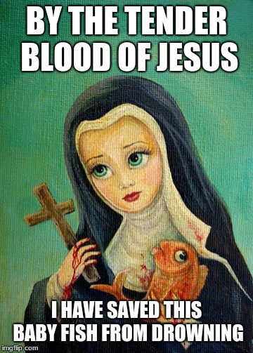 By The Blood Of Jesus | BY THE TENDER BLOOD OF JESUS; I HAVE SAVED THIS BABY FISH FROM DROWNING | image tagged in christian,religion,deism,skepticism,wtf | made w/ Imgflip meme maker