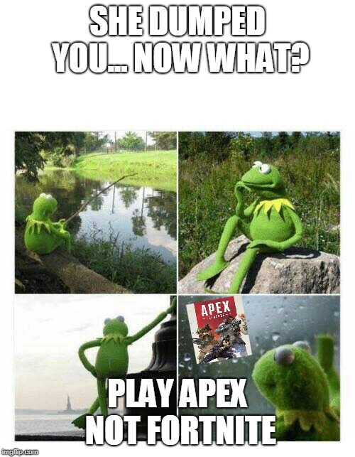 kermit sad montage compilation | SHE DUMPED YOU... NOW WHAT? PLAY APEX NOT FORTNITE | image tagged in kermit sad montage compilation | made w/ Imgflip meme maker