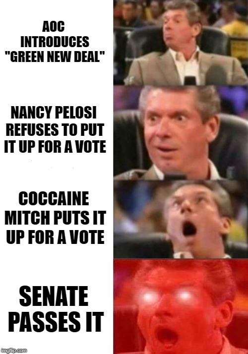 Green new deal reaction | AOC INTRODUCES "GREEN NEW DEAL"; NANCY PELOSI REFUSES TO PUT IT UP FOR A VOTE; COCCAINE MITCH PUTS IT UP FOR A VOTE; SENATE PASSES IT | image tagged in mr mcmahon reaction,green,aoc,green new deal,deal,trump | made w/ Imgflip meme maker