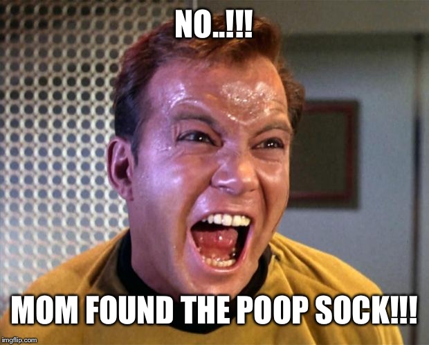Captain Kirk Screaming | NO..!!! MOM FOUND THE POOP SOCK!!! | image tagged in captain kirk screaming | made w/ Imgflip meme maker
