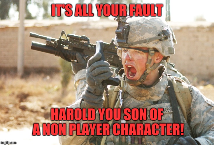 US Army Soldier yelling radio iraq war | IT'S ALL YOUR FAULT HAROLD YOU SON OF A NON PLAYER CHARACTER! | image tagged in us army soldier yelling radio iraq war | made w/ Imgflip meme maker