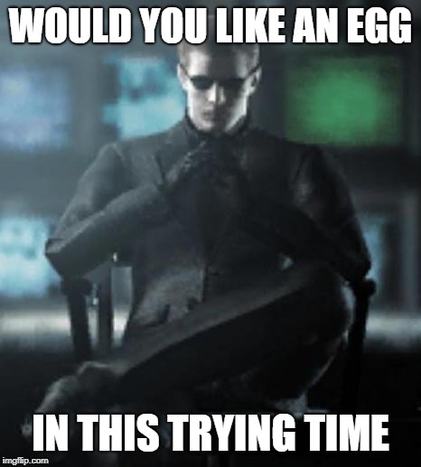 Devious Wesker | WOULD YOU LIKE AN EGG; IN THIS TRYING TIME | image tagged in devious wesker | made w/ Imgflip meme maker