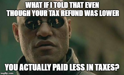 paid less taxes | WHAT IF I TOLD THAT EVEN THOUGH YOUR TAX REFUND WAS LOWER; YOU ACTUALLY PAID LESS IN TAXES? | image tagged in memes,matrix morpheus,taxes | made w/ Imgflip meme maker