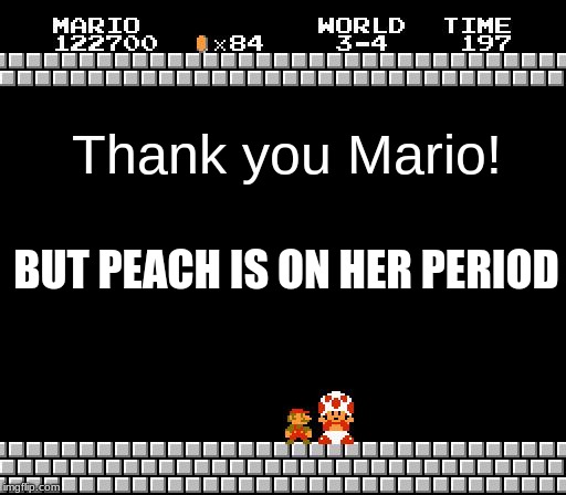 Thank You Mario | Thank you Mario! BUT PEACH IS ON HER PERIOD | image tagged in thank you mario | made w/ Imgflip meme maker