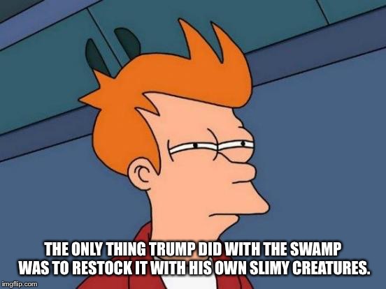 Futurama Fry Meme | THE ONLY THING TRUMP DID WITH THE SWAMP WAS TO RESTOCK IT WITH HIS OWN SLIMY CREATURES. | image tagged in memes,futurama fry | made w/ Imgflip meme maker