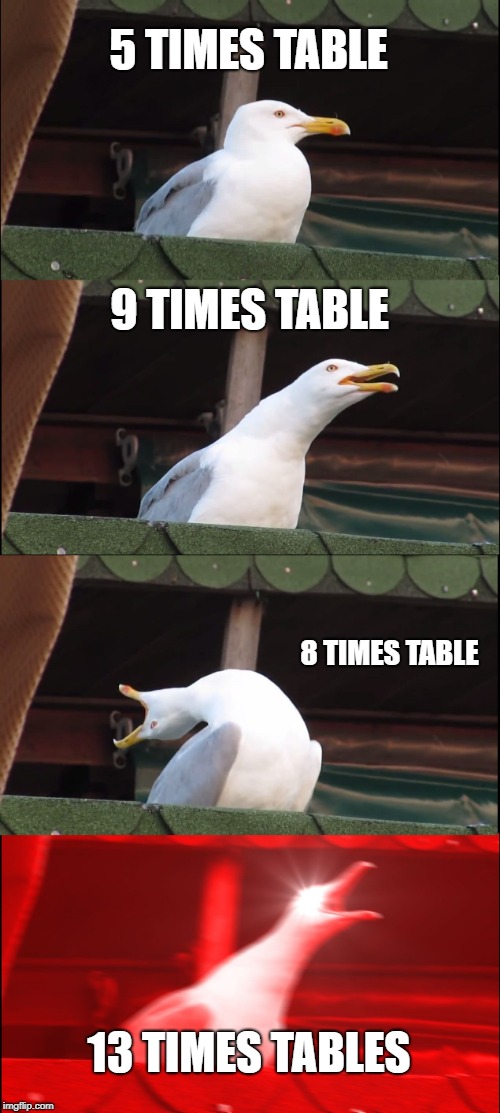 Inhaling Seagull | 5 TIMES TABLE; 9 TIMES TABLE; 8 TIMES TABLE; 13 TIMES TABLES | image tagged in memes,inhaling seagull | made w/ Imgflip meme maker