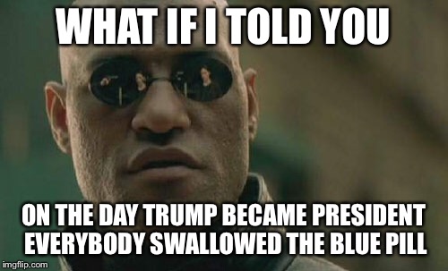 Matrix Morpheus | WHAT IF I TOLD YOU; ON THE DAY TRUMP BECAME PRESIDENT EVERYBODY SWALLOWED THE BLUE PILL | image tagged in memes,matrix morpheus | made w/ Imgflip meme maker