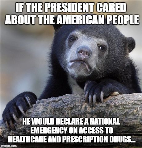 Confession Bear Meme | IF THE PRESIDENT CARED ABOUT THE AMERICAN PEOPLE; HE WOULD DECLARE A NATIONAL EMERGENCY ON ACCESS TO HEALTHCARE AND PRESCRIPTION DRUGS... | image tagged in memes,confession bear | made w/ Imgflip meme maker