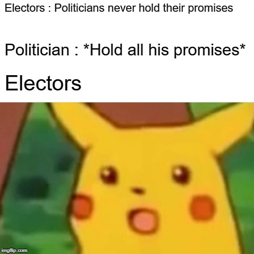 Surprised Pikachu Meme | Electors : Politicians never hold their promises; Politician : *Hold all his promises*; Electors | image tagged in memes,surprised pikachu | made w/ Imgflip meme maker