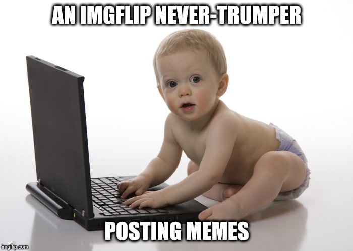 Childish insults , childish insults everywhere | AN IMGFLIP NEVER-TRUMPER; POSTING MEMES | image tagged in computer baby,never trump,children playing,knowledge is power,no u,reply | made w/ Imgflip meme maker