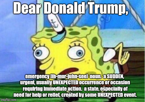 He's Been Babbling About The Wall For Over TWO Years.  Emergency This Is Not. | Dear Donald Trump, emergency [ih-mur-juhn-see] 
noun.  a SUDDEN, urgent, usually UNEXPECTED occurrence or occasion requiring immediate action.

a state, especially of need for help or relief, created by some UNEXPECTED event. | image tagged in memes,mocking spongebob,trump unfit unqualified dangerous,liar in chief,lock him up,trump traitor | made w/ Imgflip meme maker