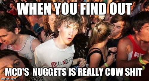 Sudden Clarity Clarence Meme | WHEN YOU FIND OUT; MCD'S  NUGGETS IS REALLY COW SHIT | image tagged in memes,sudden clarity clarence | made w/ Imgflip meme maker