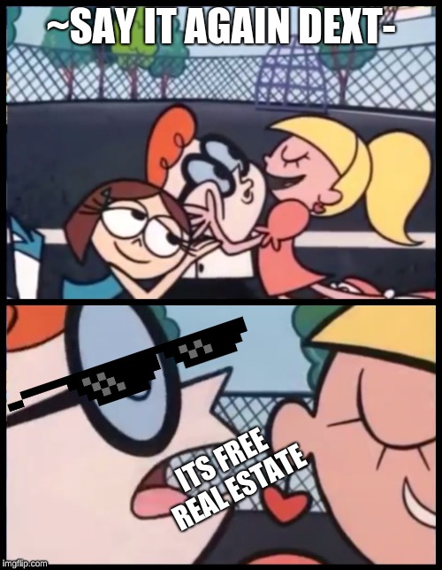 Say it Again, Dexter | ~SAY IT AGAIN DEXT-; ITS FREE REAL ESTATE | image tagged in say it again dexter | made w/ Imgflip meme maker