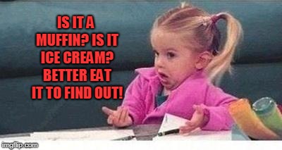 Shrugging kid | IS IT A MUFFIN? IS IT ICE CREAM? BETTER EAT IT TO FIND OUT! | image tagged in shrugging kid | made w/ Imgflip meme maker