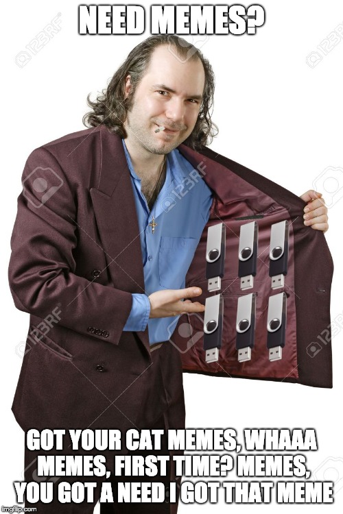 drug dealer jacket but with pendrives | NEED MEMES? GOT YOUR CAT MEMES, WHAAA MEMES, FIRST TIME? MEMES, YOU GOT A NEED I GOT THAT MEME | image tagged in drug dealer jacket but with pendrives | made w/ Imgflip meme maker