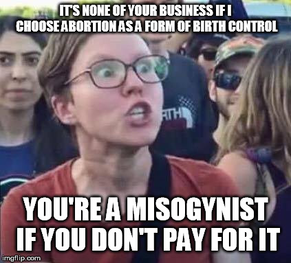 Angry Liberal | IT'S NONE OF YOUR BUSINESS IF I CHOOSE ABORTION AS A FORM OF BIRTH CONTROL YOU'RE A MISOGYNIST IF YOU DON'T PAY FOR IT | image tagged in angry liberal | made w/ Imgflip meme maker