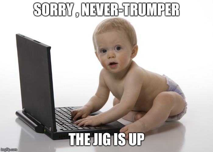 Computer baby | SORRY , NEVER-TRUMPER THE JIG IS UP | image tagged in computer baby | made w/ Imgflip meme maker